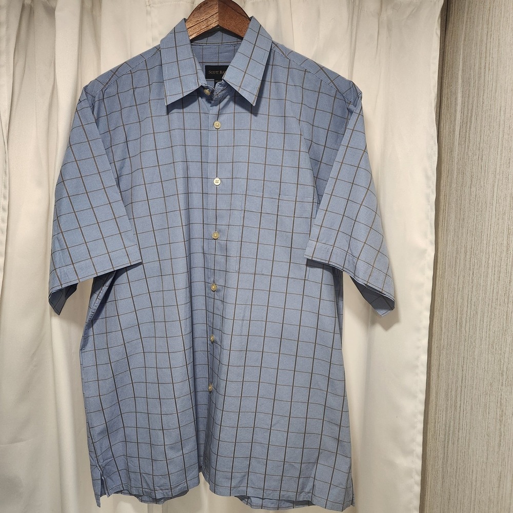Scott Barber Mens L‎ Short Sleeve Button Up Blue Brown Plaid Shirt